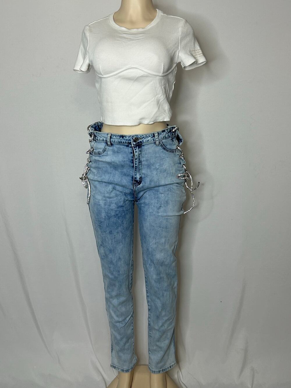 Blue Topic 2XL Acid Wash Rhinestone Lace Up Side High Rise Jeans Y2K